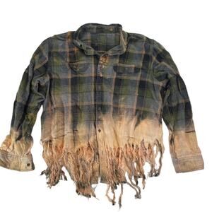 Unbranded Bleached Distressed Fringe Flannel Shirt Green Plaid Men's L Grunge